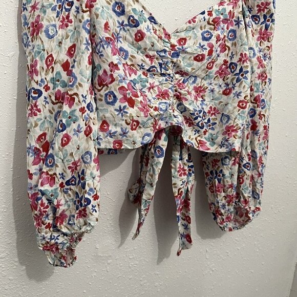 Zara Womens S White Linen Blend Floral Printed Blouse Top Puff Sleeve Tie Back - Picture 5 of 13